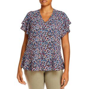 NEW Michael Kors Womens Plus 3X Navy Floral V Neck Blouse Flutter Sleeve Tunic